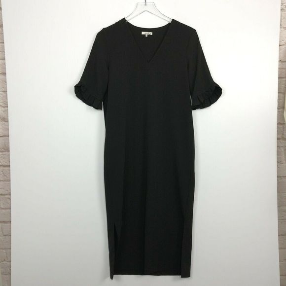 Ganni Black Midi Dress Crepe Side Slits 34 US XS - Picture 2 of 11